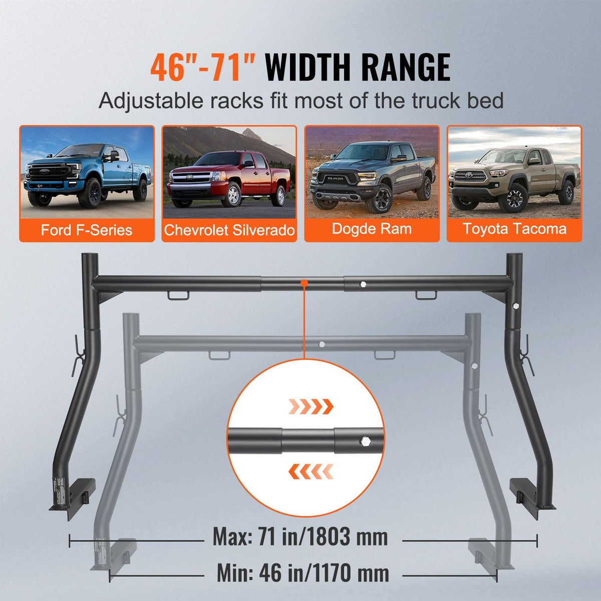 Truck Rack, 46-71inch Extendable Truck Ladder Rack, 800 lbs Capacity Steel Ladder Rack for Truck with Non-Drilling J-bolts, Heavy Duty Truck Bed Rack for Kayak, Surfboard, Lumber, Ladder