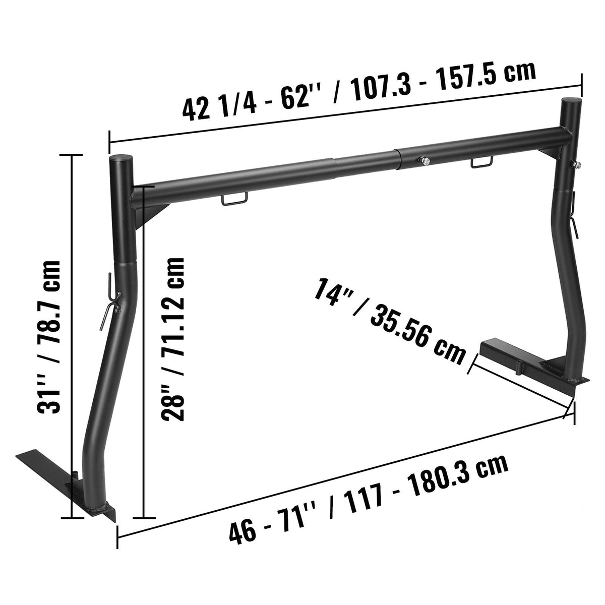 Truck Rack, 46-71inch Extendable Truck Ladder Rack, 800 lbs Capacity Steel Ladder Rack for Truck with Non-Drilling J-bolts, Heavy Duty Truck Bed Rack for Kayak, Surfboard, Lumber, Ladder