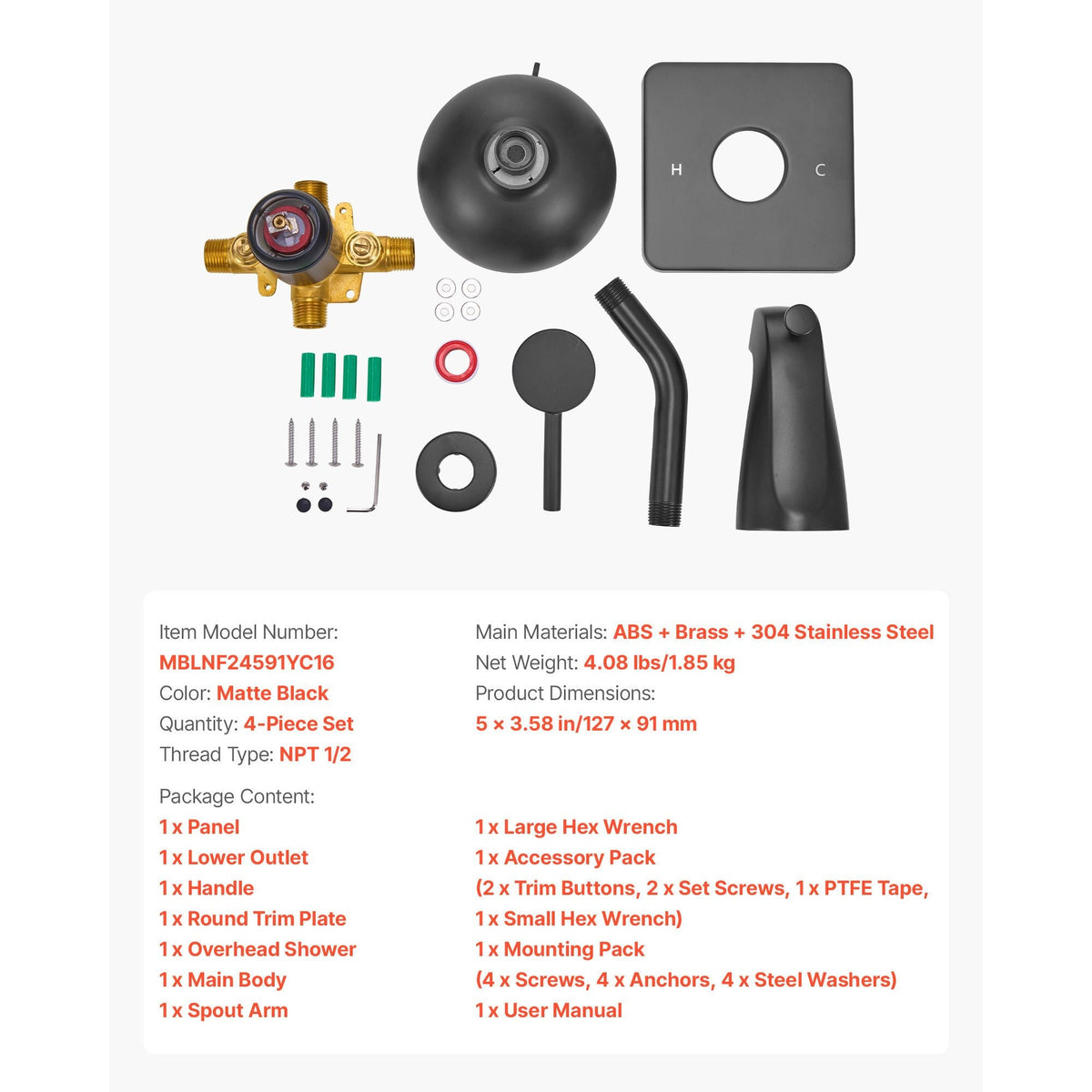 Tub and Shower Faucet Set, 5-Inch Rainfall Shower Head and Bathtub Spout, Complete Single-Handle Tub Trim Kit with Brass Pressure Balancing Valve, 8-Setting Adjustable Spray Modes, Matte Black
