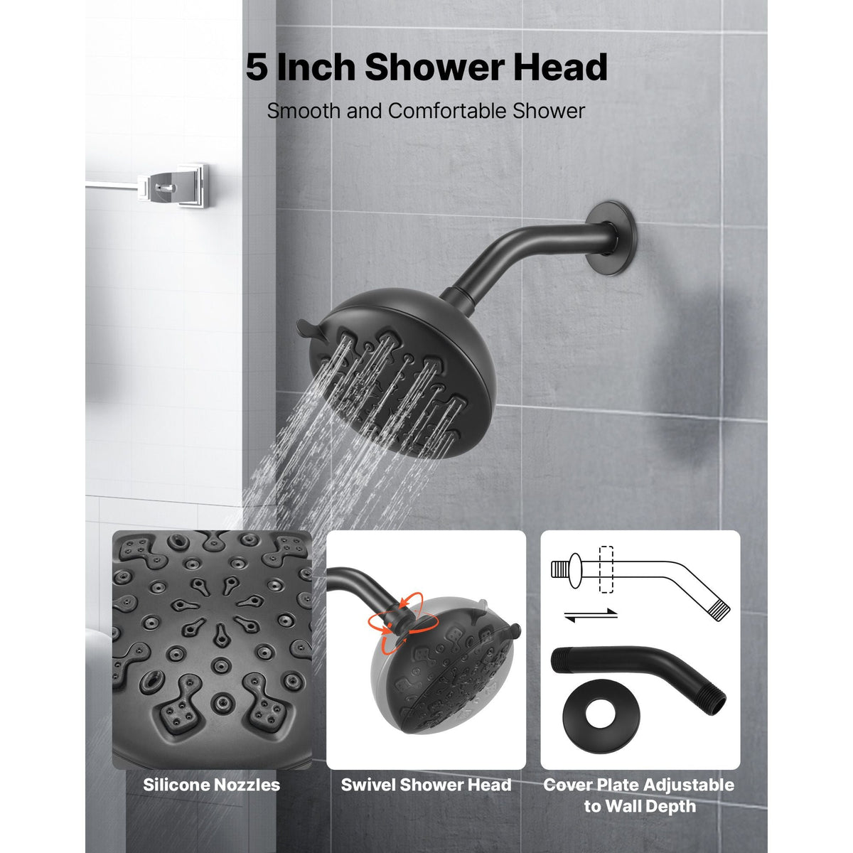Tub and Shower Faucet Set, 5-Inch Rainfall Shower Head and Bathtub Spout, Complete Single-Handle Tub Trim Kit with Brass Pressure Balancing Valve, 8-Setting Adjustable Spray Modes, Matte Black