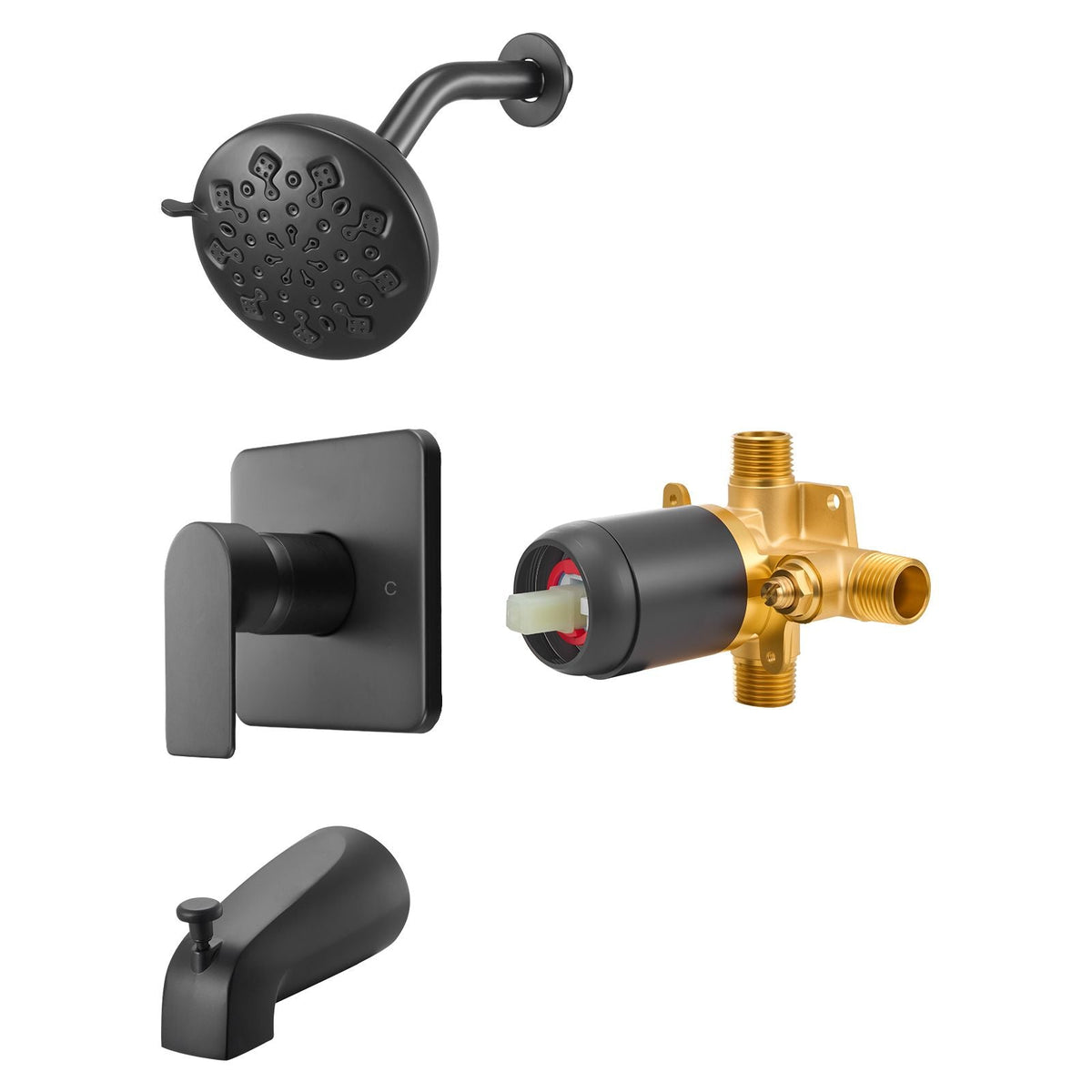 Tub and Shower Faucet Set, 5-Inch Rainfall Shower Head and Bathtub Spout, Complete Single-Handle Tub Trim Kit with Brass Pressure Balancing Valve, 8-Setting Adjustable Spray Modes, Matte Black