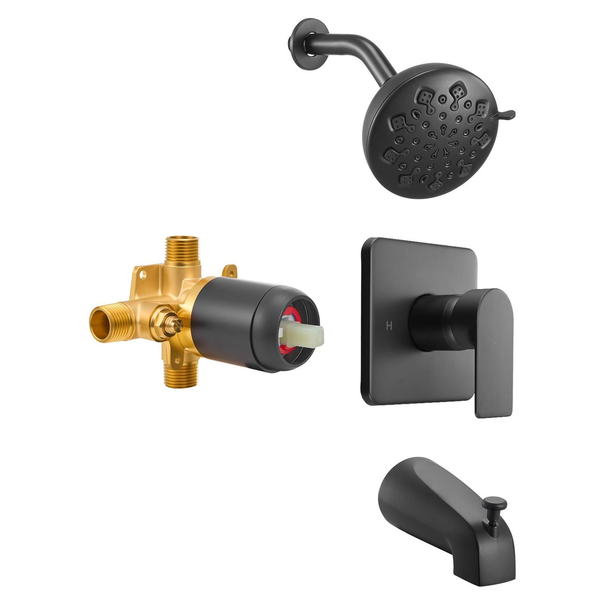 Tub and Shower Faucet Set, 5-Inch Rainfall Shower Head and Bathtub Spout, Complete Single-Handle Tub Trim Kit with Brass Pressure Balancing Valve, 8-Setting Adjustable Spray Modes, Matte Black