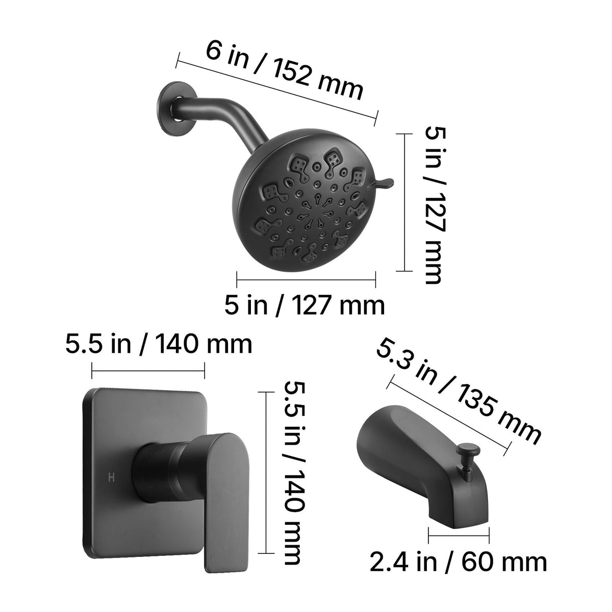 Tub and Shower Faucet Set, 5-Inch Rainfall Shower Head and Bathtub Spout, Complete Single-Handle Tub Trim Kit with Brass Pressure Balancing Valve, 8-Setting Adjustable Spray Modes, Matte Black