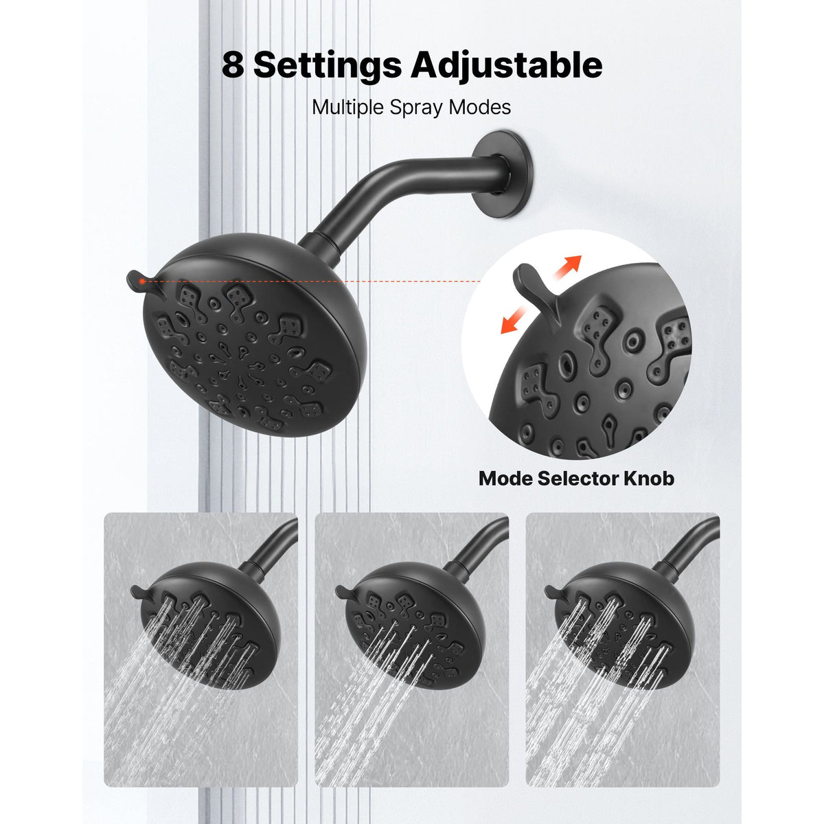 Tub and Shower Faucet Set, 5-Inch Rainfall Shower Head and Bathtub Spout, Complete Single-Handle Tub Trim Kit with Brass Pressure Balancing Valve, 8-Setting Adjustable Spray Modes, Matte Black