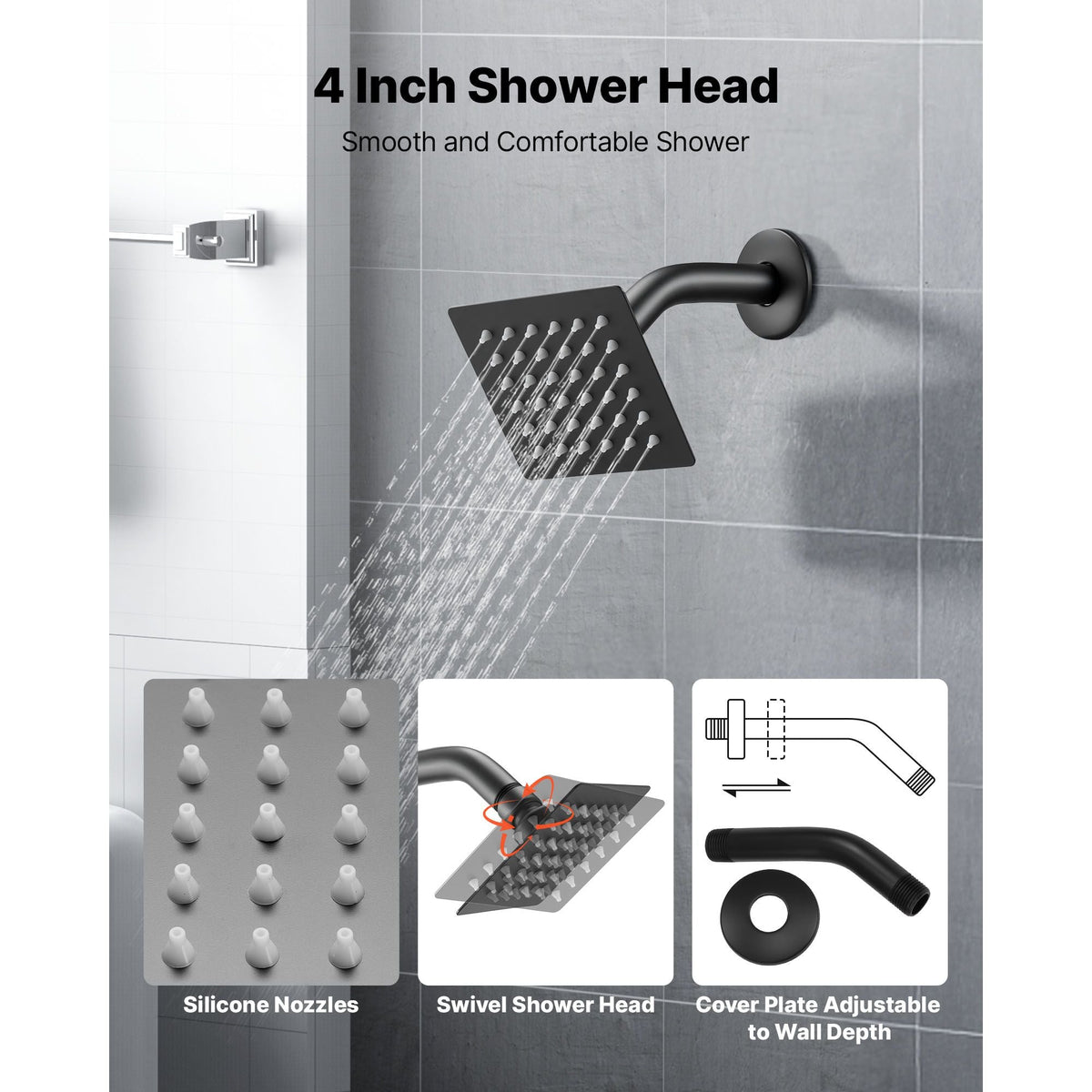 Tub and Shower Faucet Set, Complete with 4-Inch Rainfall Shower Head and Bathtub Spout, Single-Spray Single-Handle Tub Trim Kit with 304 Stainless Steel Valve Trim for Bathrooms, Matte Black