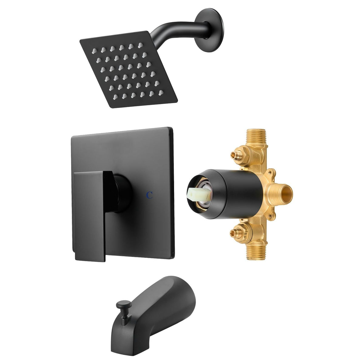 Tub and Shower Faucet Set, Complete with 4-Inch Rainfall Shower Head and Bathtub Spout, Single-Spray Single-Handle Tub Trim Kit with 304 Stainless Steel Valve Trim for Bathrooms, Matte Black