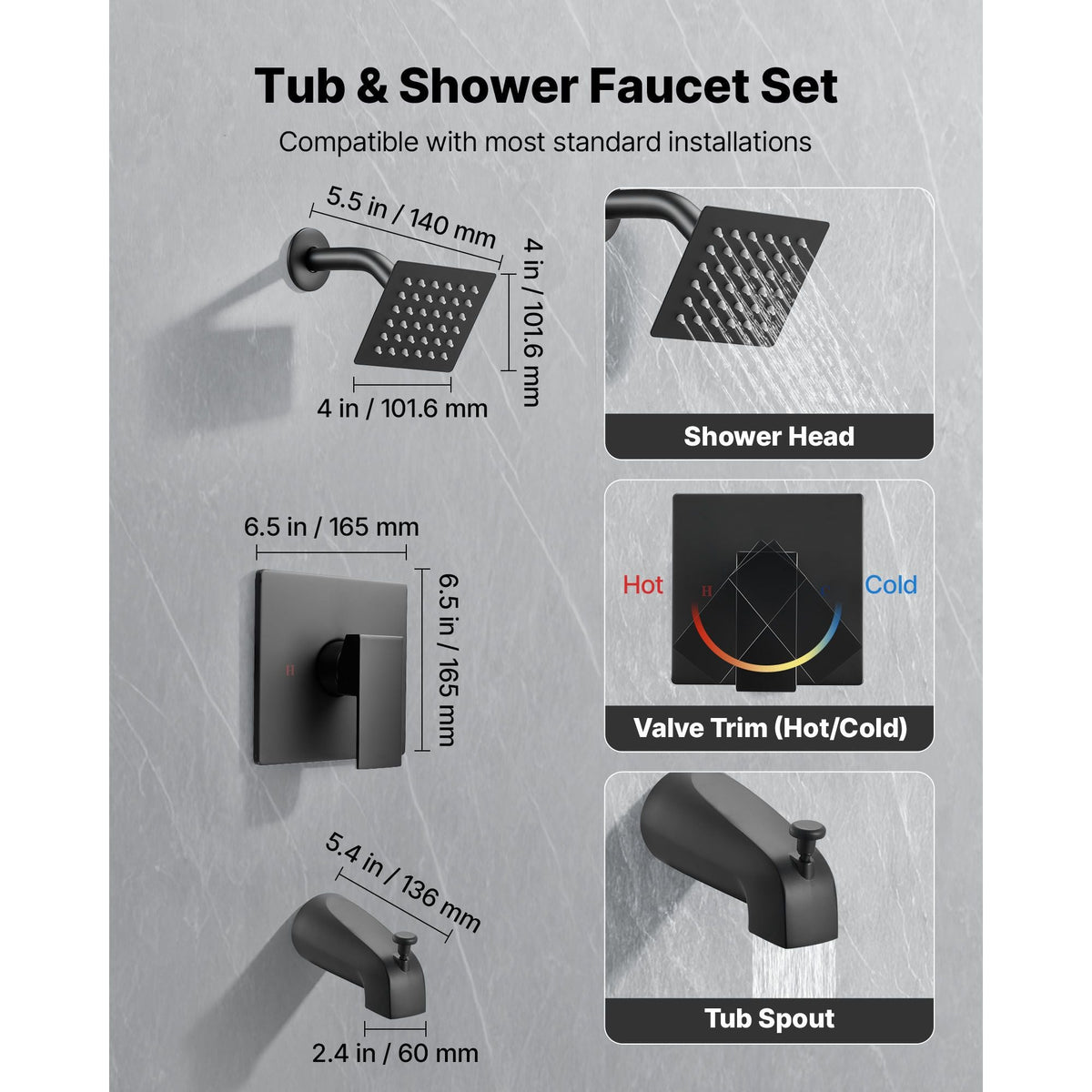 Tub and Shower Faucet Set, Complete with 4-Inch Rainfall Shower Head and Bathtub Spout, Single-Spray Single-Handle Tub Trim Kit with 304 Stainless Steel Valve Trim for Bathrooms, Matte Black