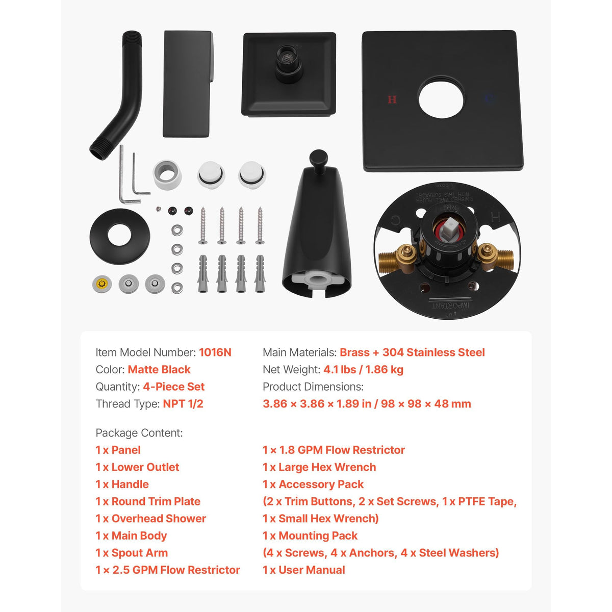 Tub and Shower Faucet Set, Complete with 4-Inch Rainfall Shower Head and Bathtub Spout, Single-Spray Single-Handle Tub Trim Kit with 304 Stainless Steel Valve Trim for Bathrooms, Matte Black