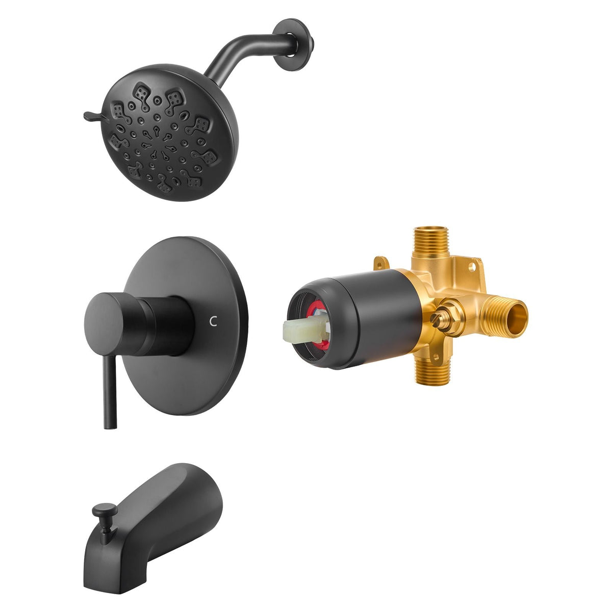 Tub and Shower Faucet Set, Complete with 4.7-Inch Rainfall Shower Head and Bathtub Spout, 9-Setting Adjustable Spray, Single-Handle Tub Trim Kit with Brass Pressure Balancing Valve, Matte Black