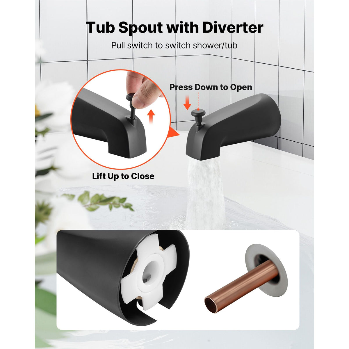 Tub and Shower Faucet Set, Complete with 4.7-Inch Rainfall Shower Head and Bathtub Spout, 9-Setting Adjustable Spray, Single-Handle Tub Trim Kit with Brass Pressure Balancing Valve, Matte Black