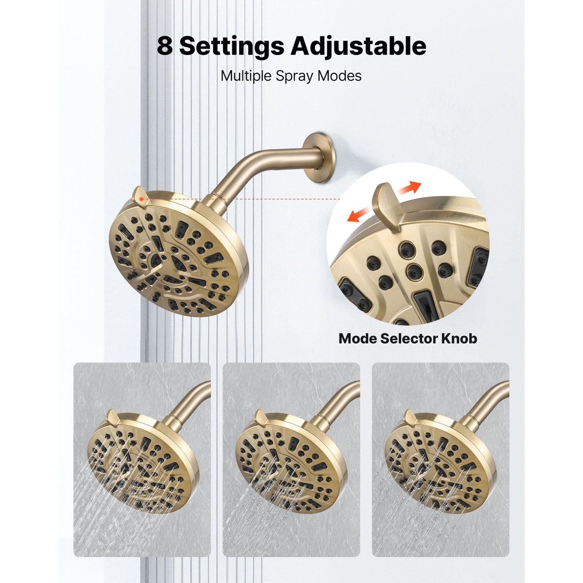 Tub and Shower Faucet Set, Complete with 5-Inch Rainfall Shower Head and Bathtub Spout, 8-Setting Adjustable Spray, Single-Handle Tub Trim Kit with Brass Pressure Balancing Valve, Gold Finish