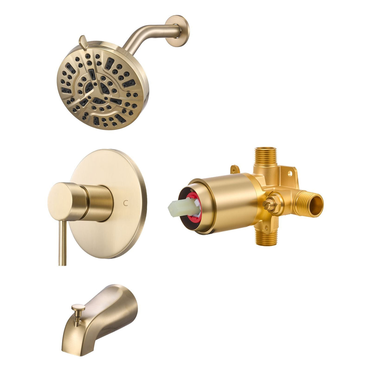 Tub and Shower Faucet Set, Complete with 5-Inch Rainfall Shower Head and Bathtub Spout, 8-Setting Adjustable Spray, Single-Handle Tub Trim Kit with Brass Pressure Balancing Valve, Gold Finish