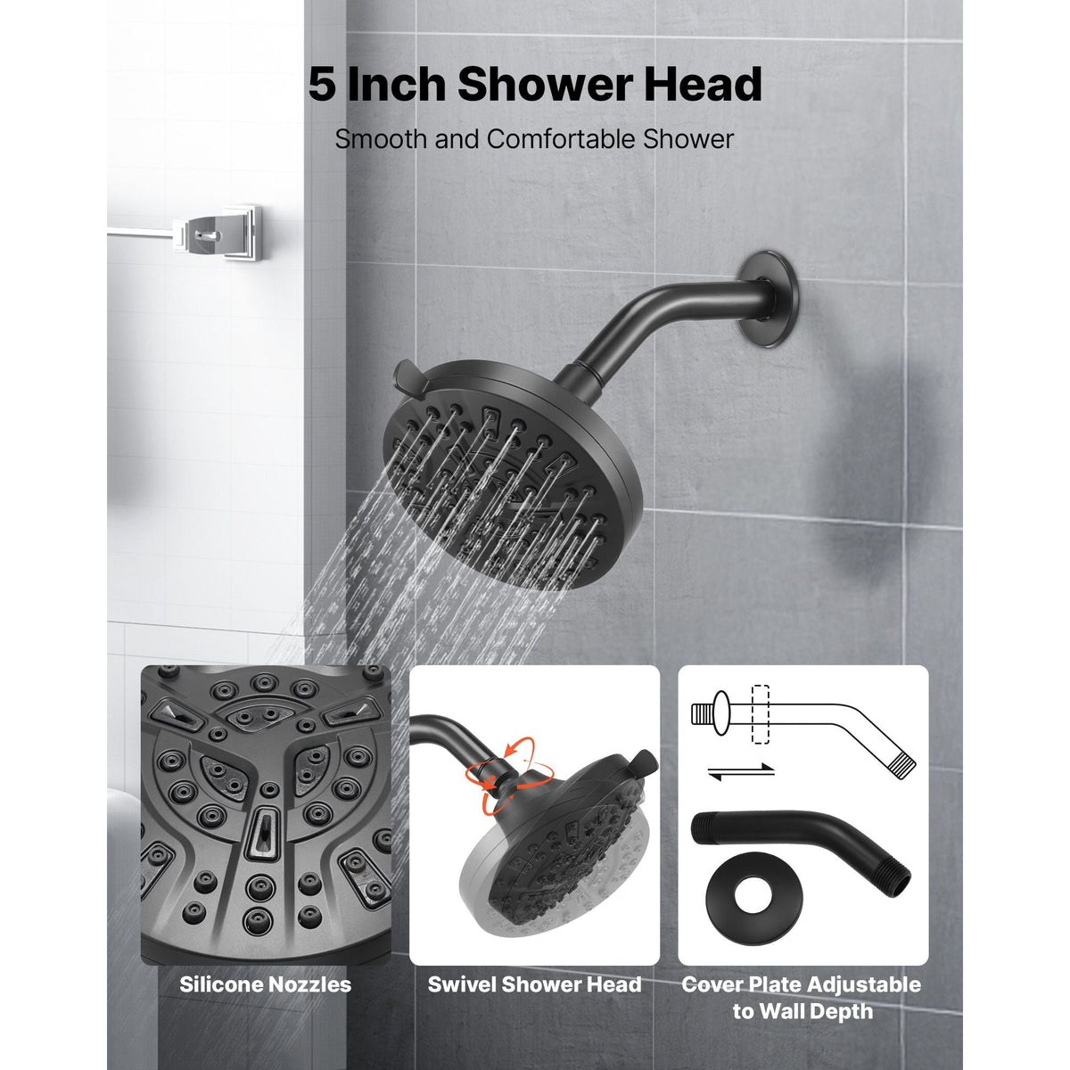 Tub and Shower Faucet Set, Complete with 5-Inch Rainfall Shower Head and Bathtub Spout, 8-Setting Adjustable Spray, Single-Handle Tub Trim Kit with Brass Pressure Balancing Valve, Matte Black