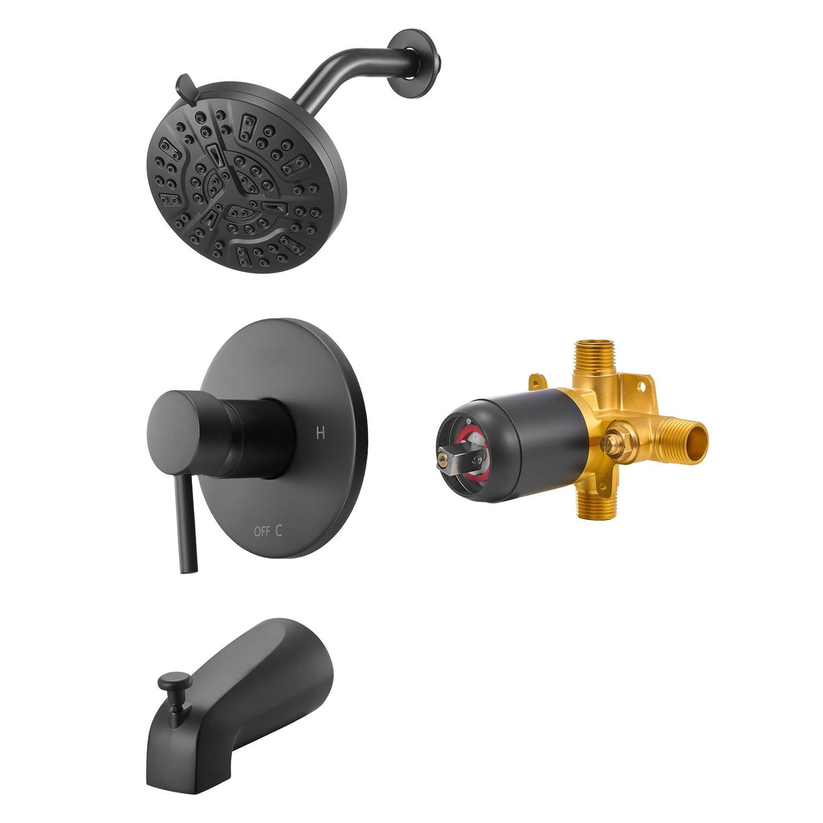 Tub and Shower Faucet Set, Complete with 5-Inch Rainfall Shower Head and Bathtub Spout, 8-Setting Adjustable Spray, Single-Handle Tub Trim Kit with Brass Pressure Balancing Valve, Matte Black