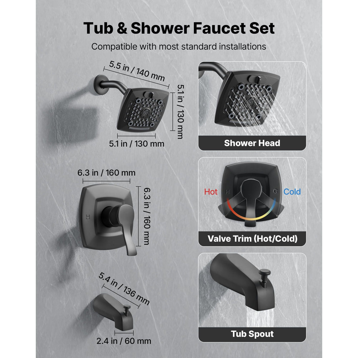 Tub and Shower Faucet Set, Complete with 5.1-Inch Rainfall Shower Head and Bathtub Spout, 5-Setting Adjustable Spray, Single-Handle Tub Trim Kit with Brass Pressure Balancing Valve, Matte Black