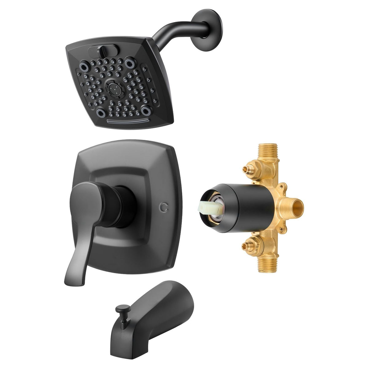 Tub and Shower Faucet Set, Complete with 5.1-Inch Rainfall Shower Head and Bathtub Spout, 5-Setting Adjustable Spray, Single-Handle Tub Trim Kit with Brass Pressure Balancing Valve, Matte Black