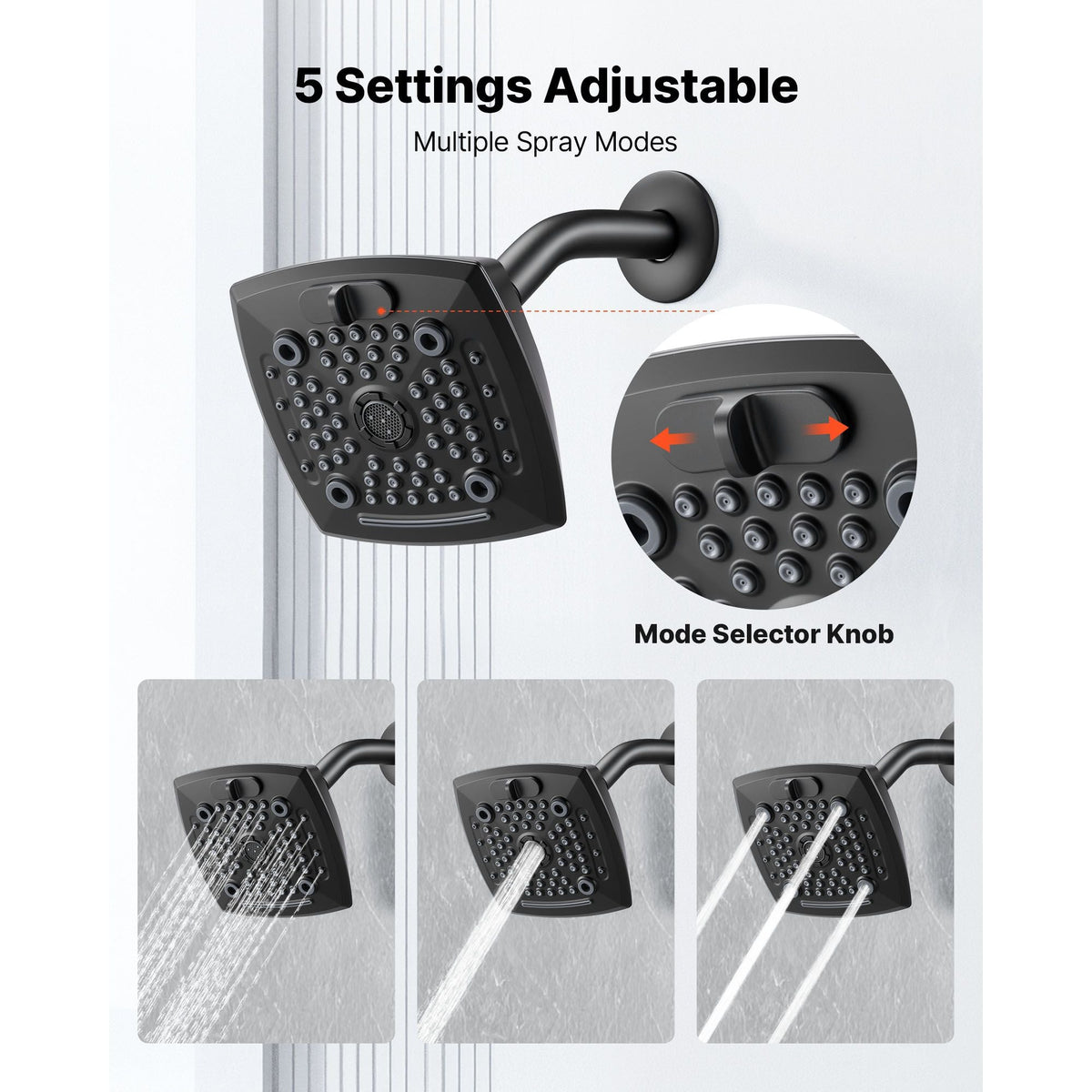 Tub and Shower Faucet Set, Complete with 5.1-Inch Rainfall Shower Head and Bathtub Spout, 5-Setting Adjustable Spray, Single-Handle Tub Trim Kit with Brass Pressure Balancing Valve, Matte Black