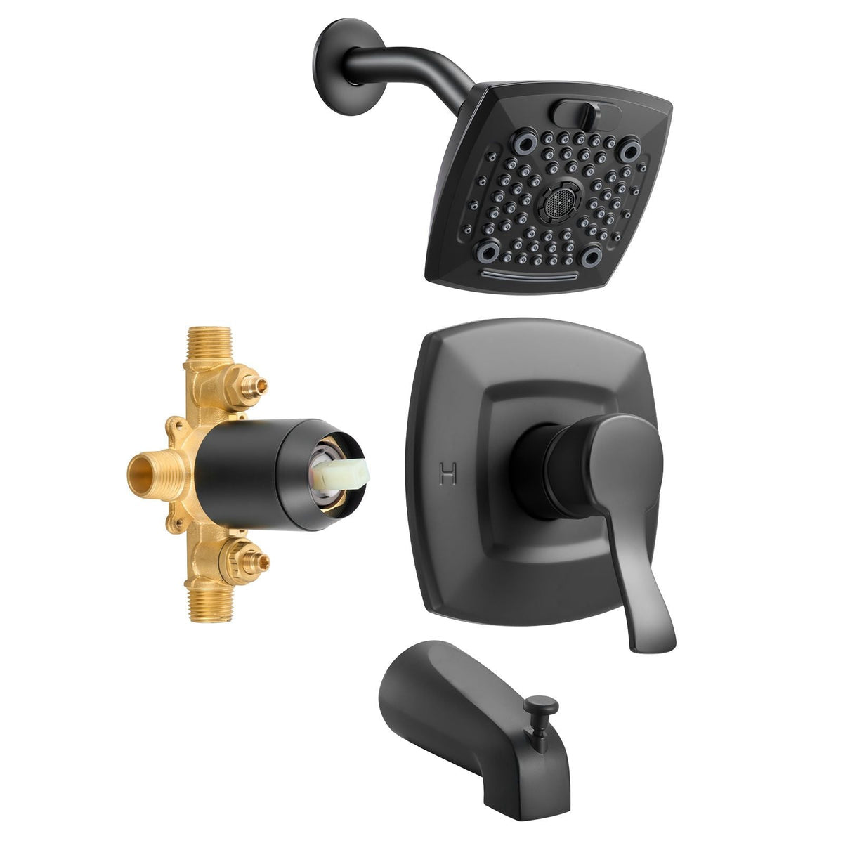 Tub and Shower Faucet Set, Complete with 5.1-Inch Rainfall Shower Head and Bathtub Spout, 5-Setting Adjustable Spray, Single-Handle Tub Trim Kit with Brass Pressure Balancing Valve, Matte Black