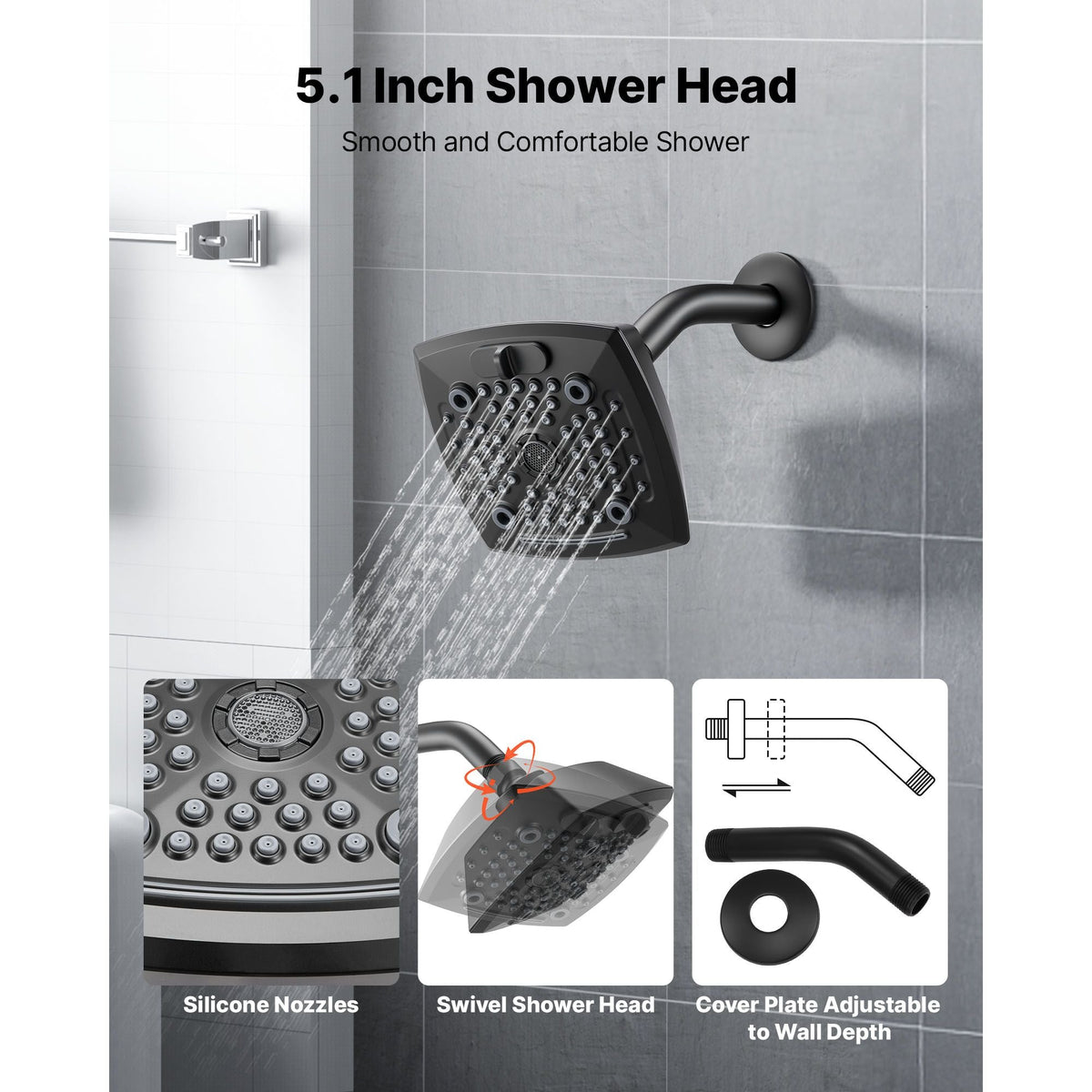Tub and Shower Faucet Set, Complete with 5.1-Inch Rainfall Shower Head and Bathtub Spout, 5-Setting Adjustable Spray, Single-Handle Tub Trim Kit with Brass Pressure Balancing Valve, Matte Black