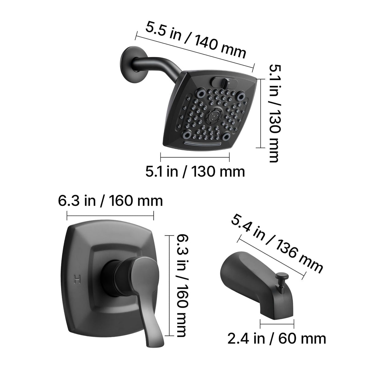 Tub and Shower Faucet Set, Complete with 5.1-Inch Rainfall Shower Head and Bathtub Spout, 5-Setting Adjustable Spray, Single-Handle Tub Trim Kit with Brass Pressure Balancing Valve, Matte Black