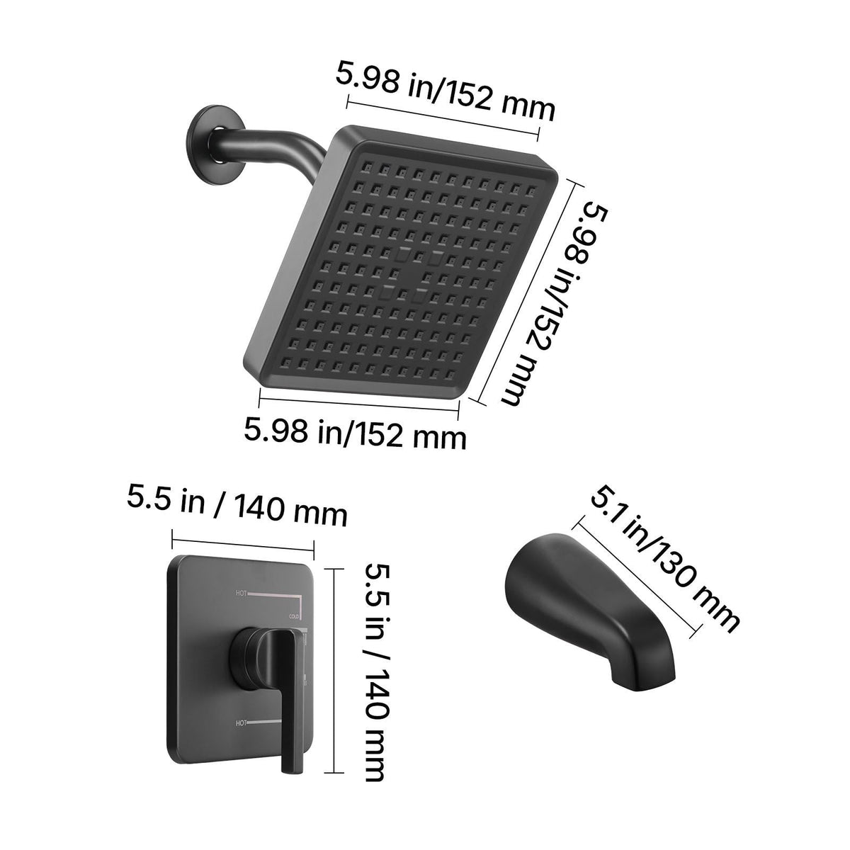 Tub and Shower Faucet Set, Complete with 6-Inch Rainfall Shower Head and Bathtub Spout, Single-Spray Single-Handle Tub Trim Kit with 304 Stainless Steel Valve Trim for Bathrooms, Matte Black
