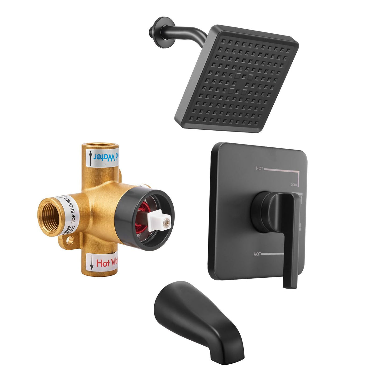 Tub and Shower Faucet Set, Complete with 6-Inch Rainfall Shower Head and Bathtub Spout, Single-Spray Single-Handle Tub Trim Kit with 304 Stainless Steel Valve Trim for Bathrooms, Matte Black