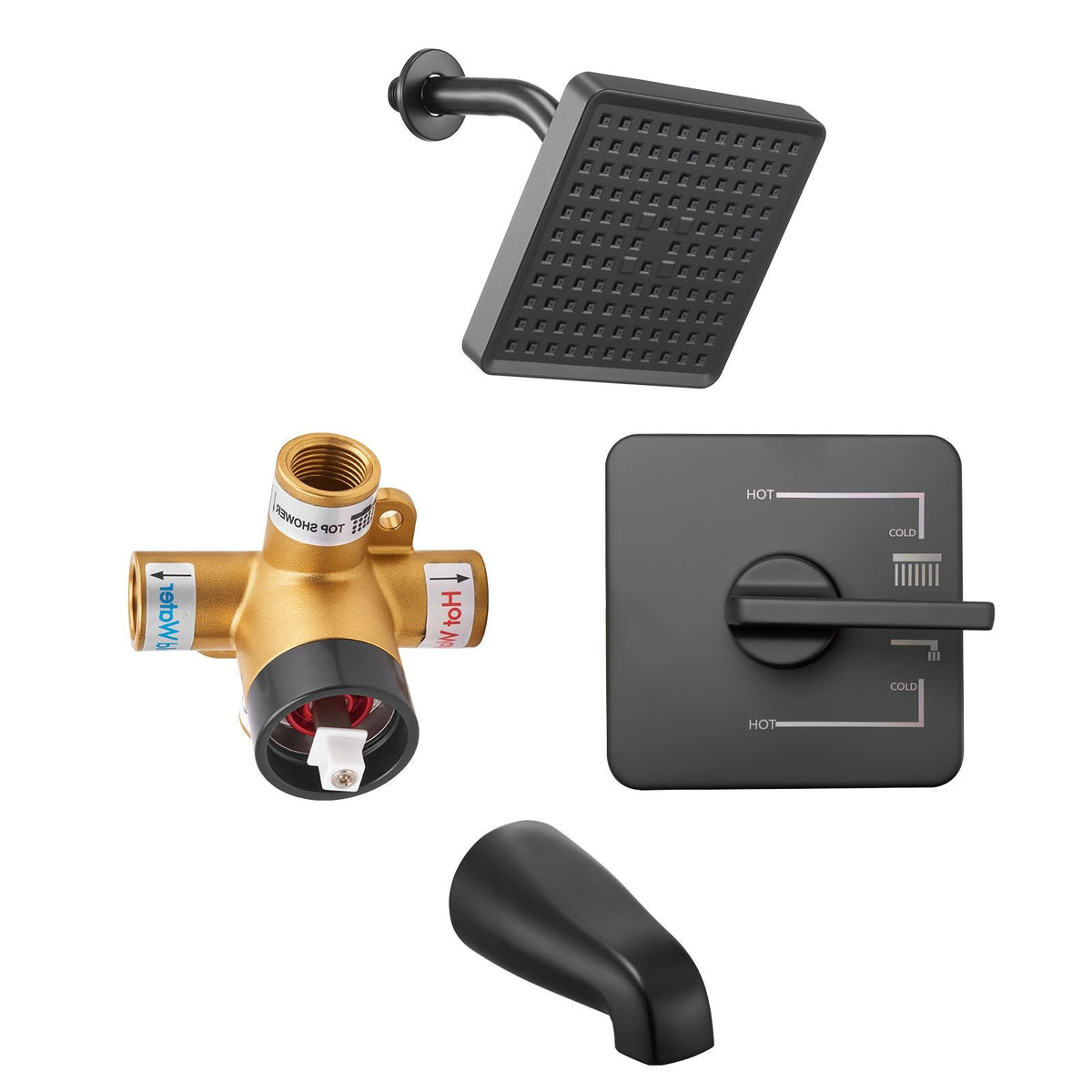 Tub and Shower Faucet Set, Complete with 6-Inch Rainfall Shower Head and Bathtub Spout, Single-Spray Single-Handle Tub Trim Kit with 304 Stainless Steel Valve Trim for Bathrooms, Matte Black