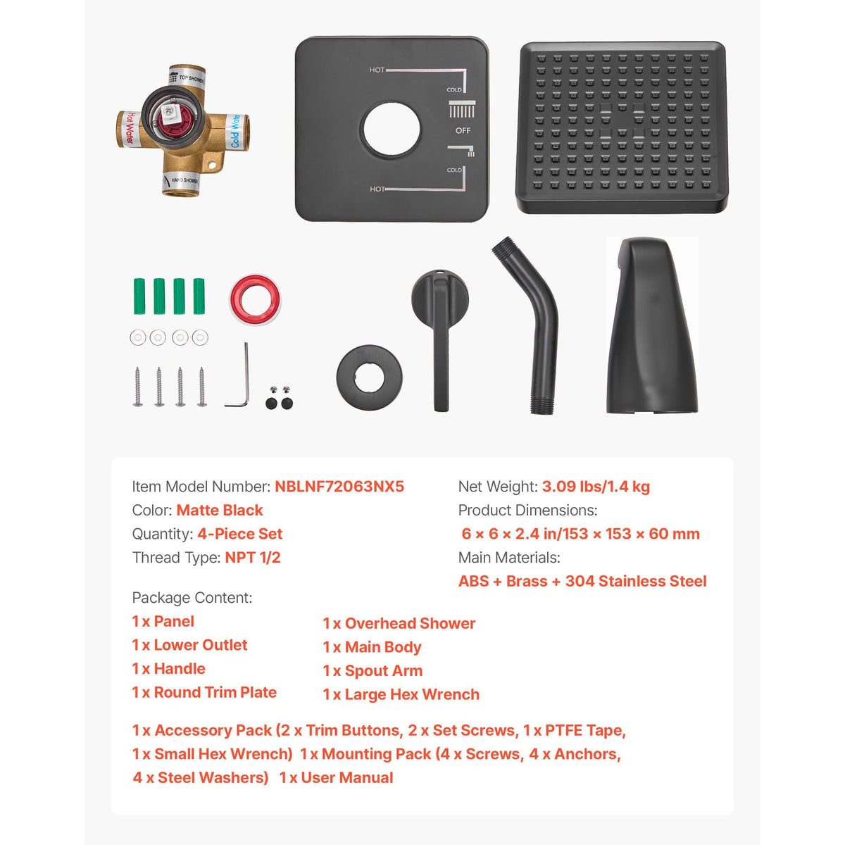 Tub and Shower Faucet Set, Complete with 6-Inch Rainfall Shower Head and Bathtub Spout, Single-Spray Single-Handle Tub Trim Kit with 304 Stainless Steel Valve Trim for Bathrooms, Matte Black