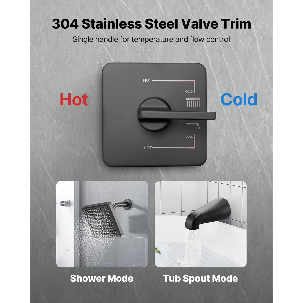 Tub and Shower Faucet Set, Complete with 6-Inch Rainfall Shower Head and Bathtub Spout, Single-Spray Single-Handle Tub Trim Kit with 304 Stainless Steel Valve Trim for Bathrooms, Matte Black