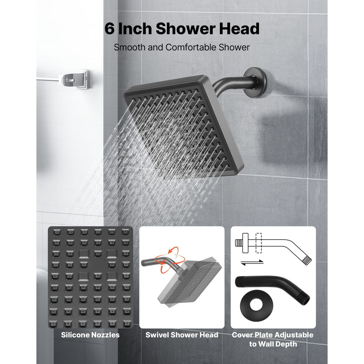 Tub and Shower Faucet Set, Complete with 6-Inch Rainfall Shower Head and Bathtub Spout, Single-Spray Single-Handle Tub Trim Kit with 304 Stainless Steel Valve Trim for Bathrooms, Matte Black