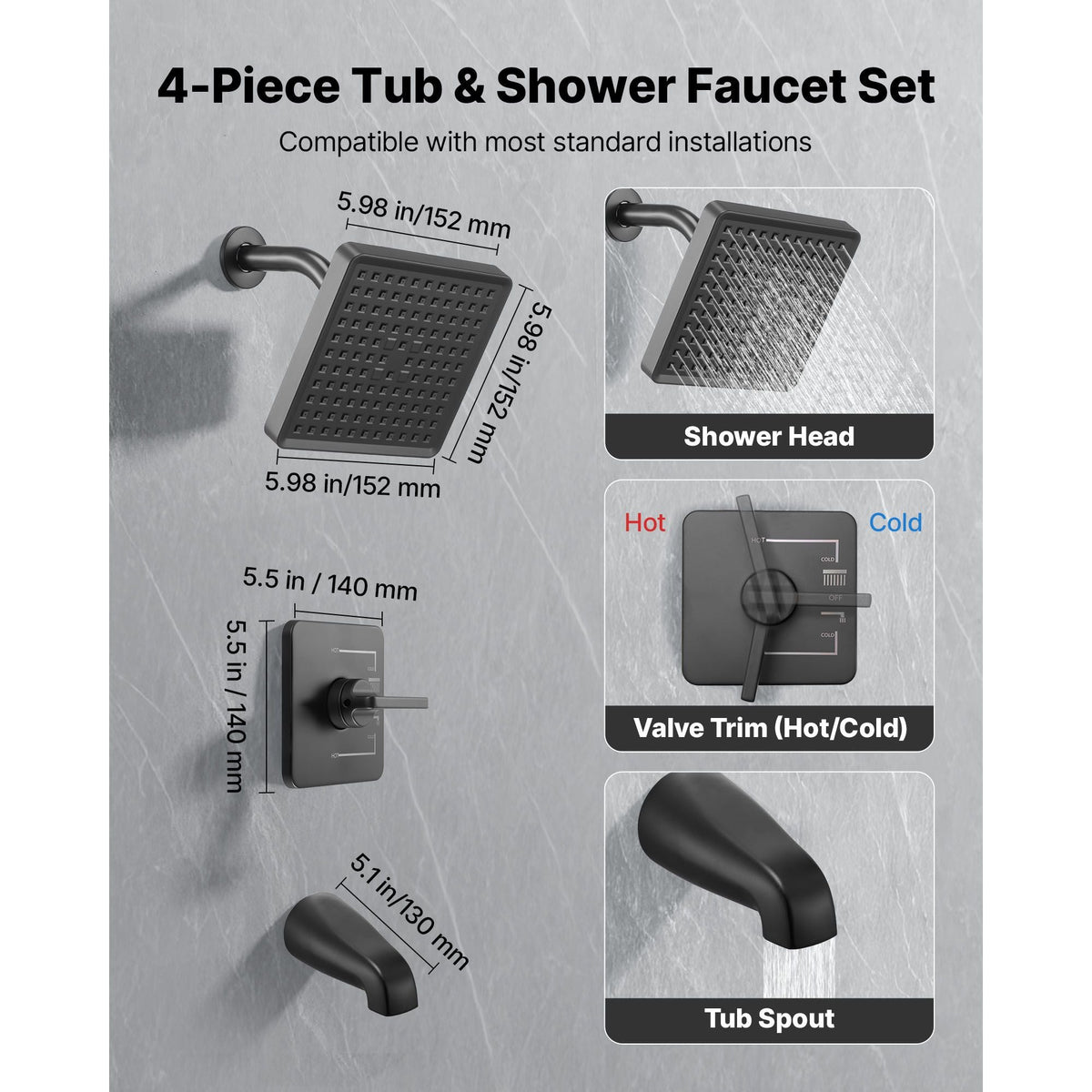 Tub and Shower Faucet Set, Complete with 6-Inch Rainfall Shower Head and Bathtub Spout, Single-Spray Single-Handle Tub Trim Kit with 304 Stainless Steel Valve Trim for Bathrooms, Matte Black