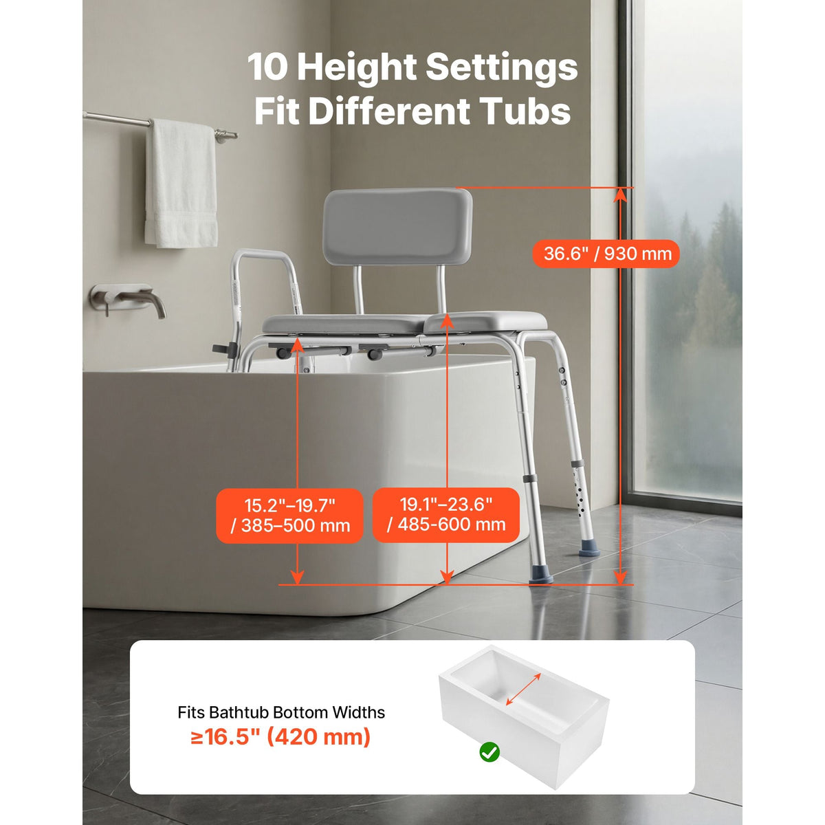Tub Transfer Bench for Bathtub, 500 lbs Weight Capacity Heavy Duty Shower Chair with Arm and Backrest, Height Adjustable Bathroom Shower Bench Bath Seat for Adults, Seniors, Elderly and Disabled