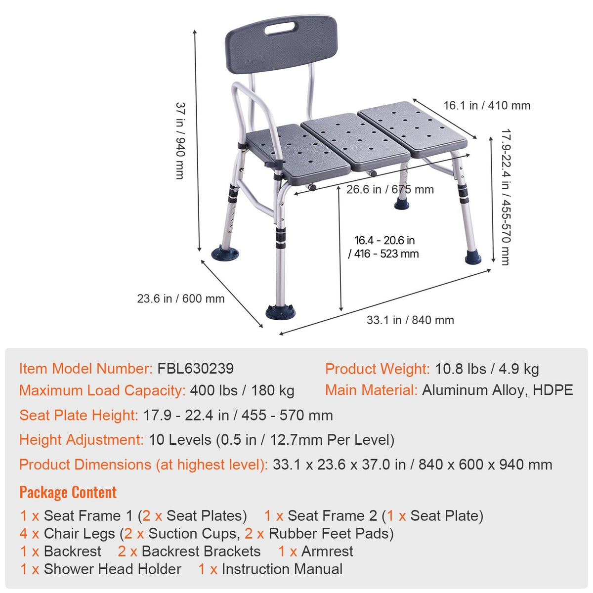 Tub Transfer Bench for Bathtub, Adjustable Shower Seats for Adults, Lightweight Shower Bench for Elderly and Disabled, Non-Slip Bath Seats with Armrest and Reversible Backrest, 400lbs Capacity