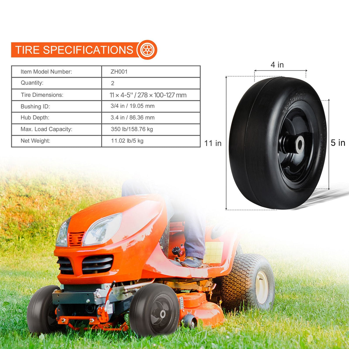 Tubeless Mower Wheels, 11x4-5" Size, Pair of Flat-Free PU Tires on Rims, 3.4" Hub, 3/4" Bushing, Includes 20 Adapters, Suitable for Riding Mowers and Lawn Tractors