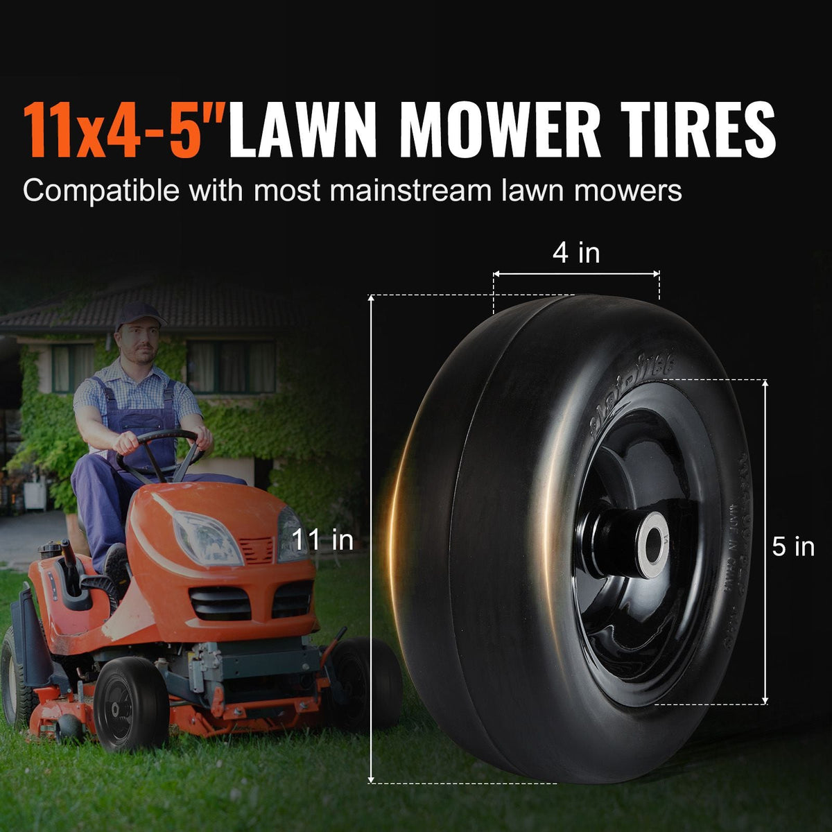 Tubeless Mower Wheels, 11x4-5" Size, Pair of Flat-Free PU Tires on Rims, 3.4" Hub, 3/4" Bushing, Includes 20 Adapters, Suitable for Riding Mowers and Lawn Tractors