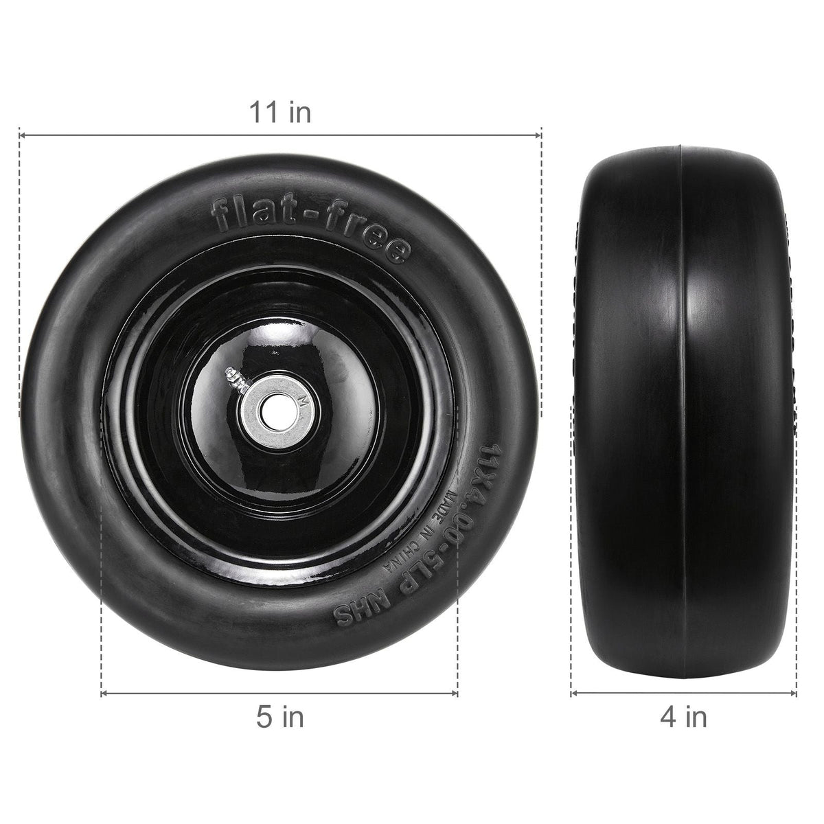 Tubeless Mower Wheels, 11x4-5" Size, Pair of Flat-Free PU Tires on Rims, 3.4" Hub, 3/4" Bushing, Includes 20 Adapters, Suitable for Riding Mowers and Lawn Tractors