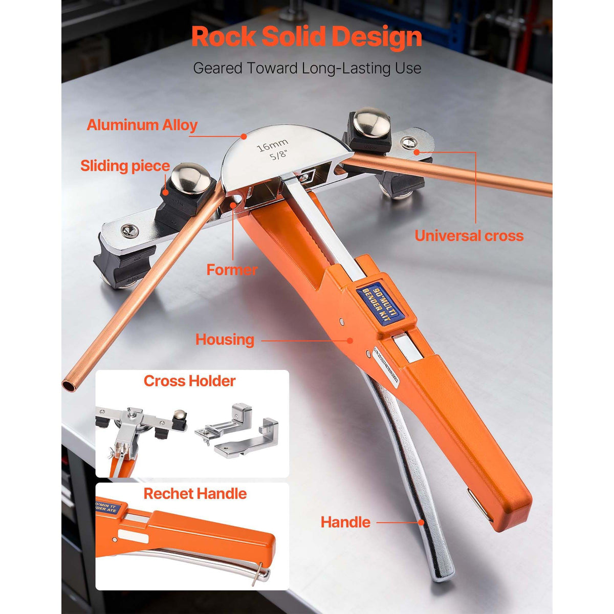 Tubing Bender Kit, 1/4 to 7/8 Inch, Compact Ratcheting Tube Pipe Bender, Forward/Reverse Hand Bending Tool, with 7 Aluminium Alloy Dies, for Copper HVAC Air Conditioning Refrigeration Repair