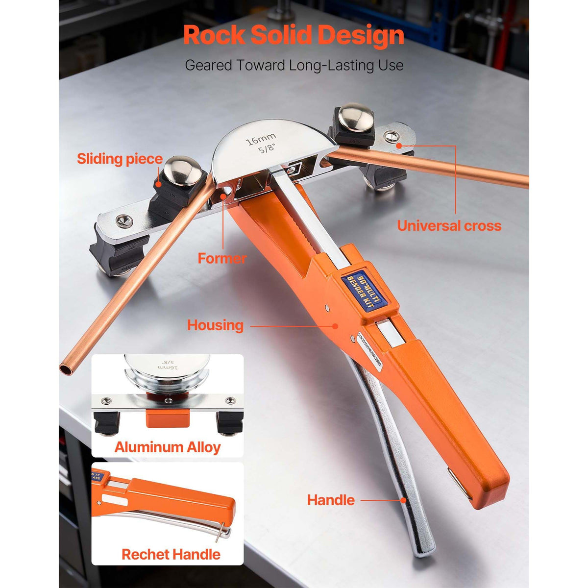 Tubing Bender Kit, 1/4 to 7/8 Inch, Compact Ratcheting Tube Pipe Bender, Ratchet Hand Bending Tool, with 7 Aluminium Alloy Dies, HVAC Tools, for Copper Aluminum HVAC Refrigeration Maintenance