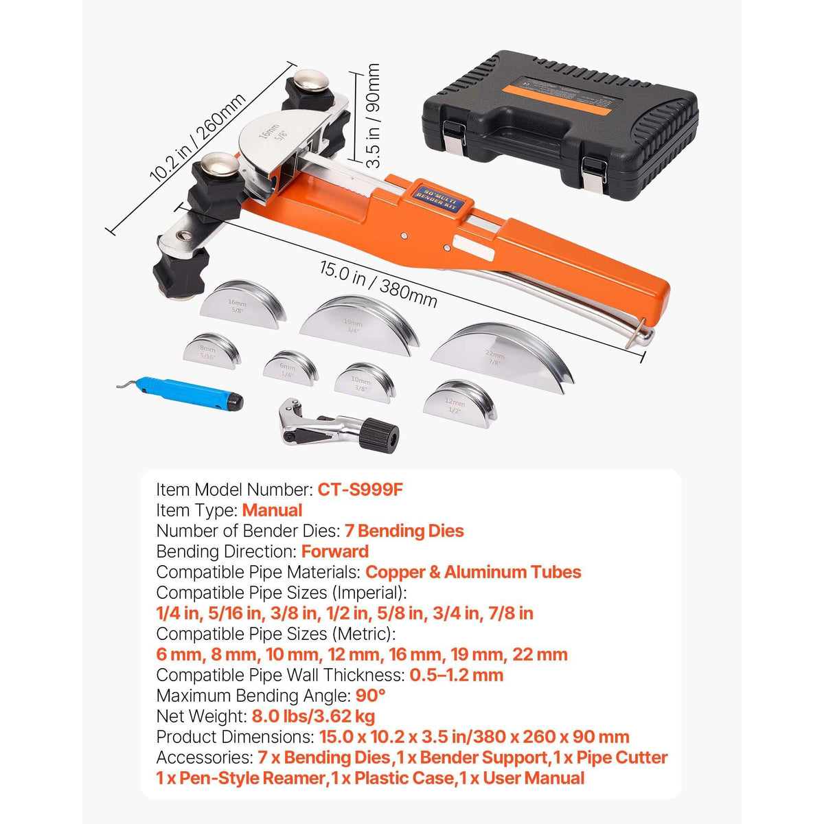 Tubing Bender Kit, 1/4 to 7/8 Inch, Compact Ratcheting Tube Pipe Bender, Ratchet Hand Bending Tool, with 7 Aluminium Alloy Dies, HVAC Tools, for Copper Aluminum HVAC Refrigeration Maintenance