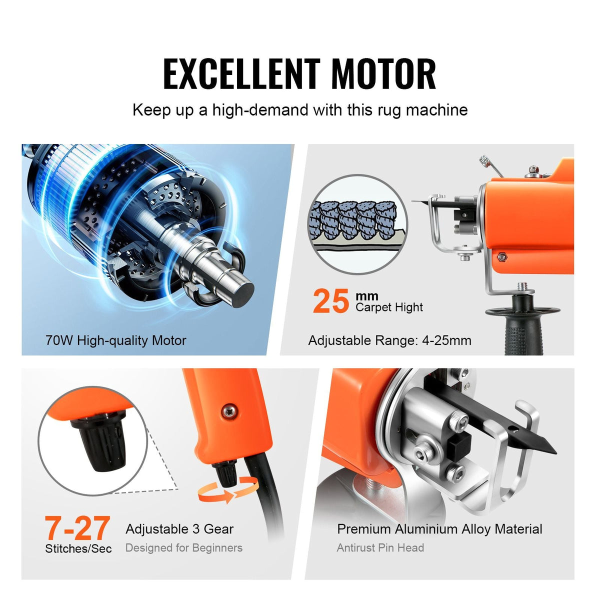 Tufting Gun, 2 in 1 Cut & Loop Pile, Electric Carpet Weaving Flocking Machine, Rug Machines Starter Kit, 7-27 Stitches/sec High Speed Rug Making Tools, 4-25 mm Adjustable Height, 110V