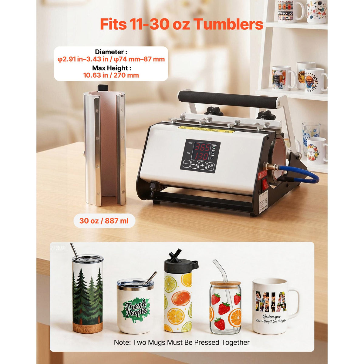 Tumbler Heat Press Machine, 11-30 oz Mug Press, Fast and Even Heating, with Tape and Gloves, Easy Temp and Time Setting, Heat Transfer for Sublimation Tumblers, Cups, Mugs, Black and White