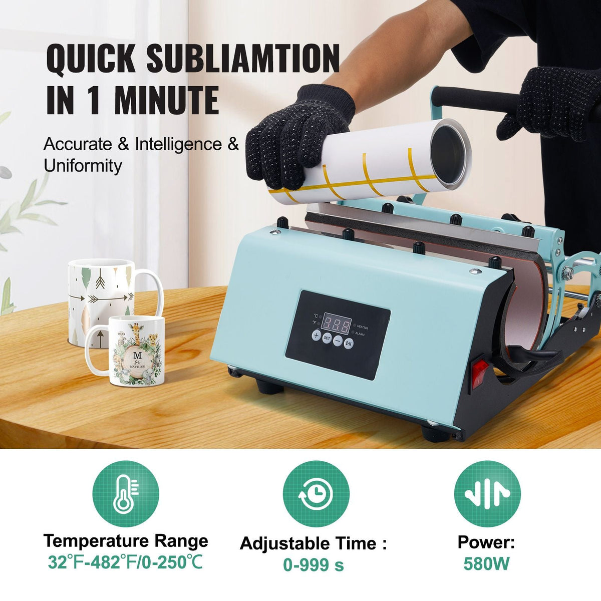 Tumbler Heat Press Machine, 11-30oz Mug Press, Heat Up Fast and Even, Tumbler Press with Sublimation Paper, Tape and Gloves, Temp and Time Setting, for Sublimation Tumblers, Cups, Mugs, Green