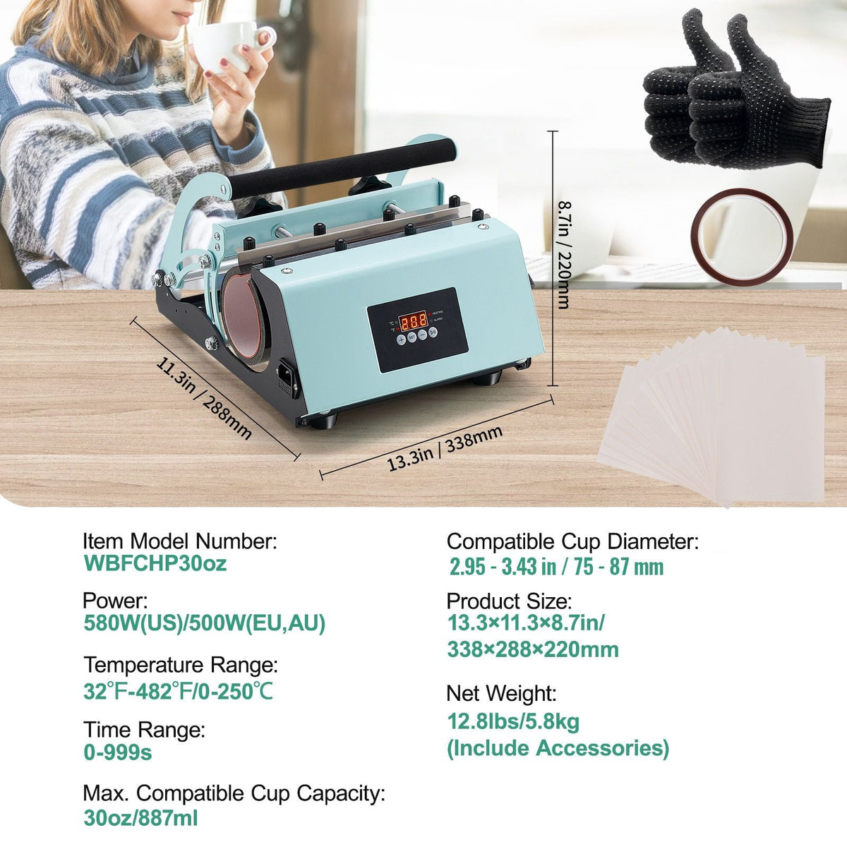 Tumbler Heat Press Machine, 11-30oz Mug Press, Heat Up Fast and Even, Tumbler Press with Sublimation Paper, Tape and Gloves, Temp and Time Setting, for Sublimation Tumblers, Cups, Mugs, Green