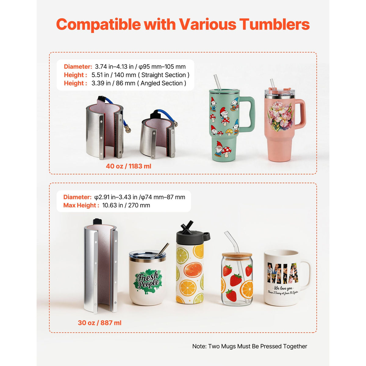 Tumbler Heat Press Machine, 30 oz and 40 oz Mug Press, Fast and Even Heating, with Tape, Gloves, Easy Temp and Time Setting, Heat Transfer for Sublimation Tumblers, Cups, Mugs, Black and White
