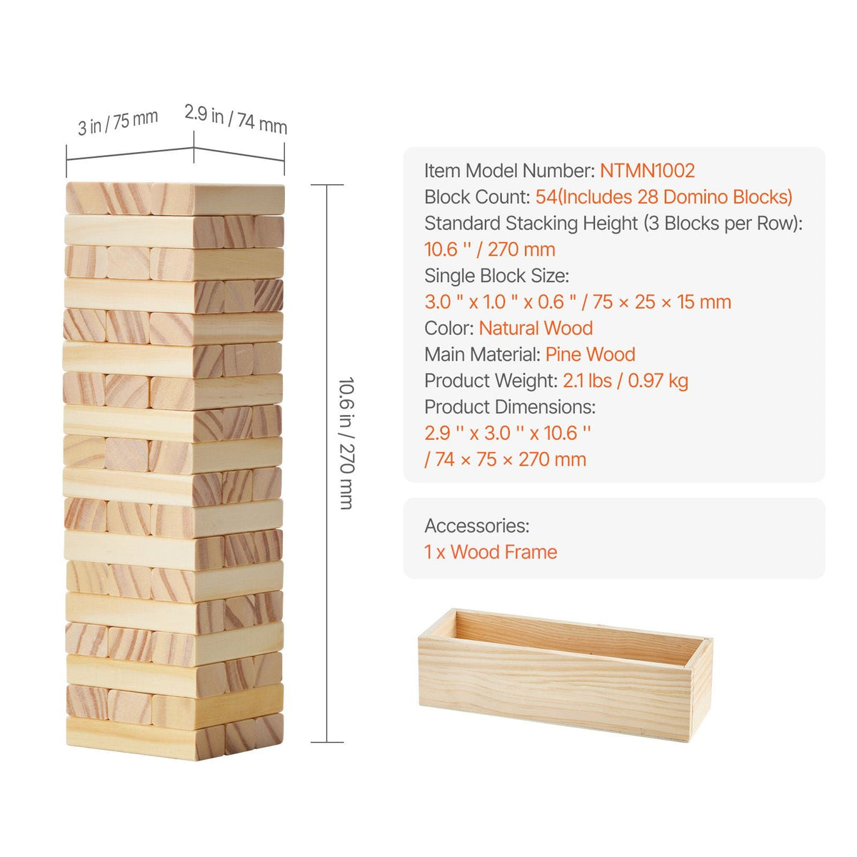 Tumbling Timber Toy, 54 Blocks Tumble Tower Blocks Game, Pine Wood Tumbling Tower Game with Storage Crate, Multiple Ways to Play Wooden Stacking Game, Tumble Tower Family Game for Indoor/Outdoor