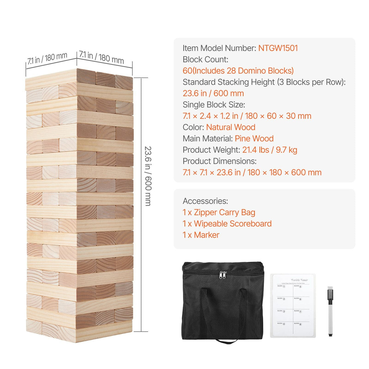 Tumbling Timber Toy, 60 Blocks Giant Tumble Tower Blocks Game, Pine Wood Tumbling Tower Game with Carry Bag and Scoreboard, Wooden Stacking Game, Tumble Tower Family Games for Indoor/Outdoor