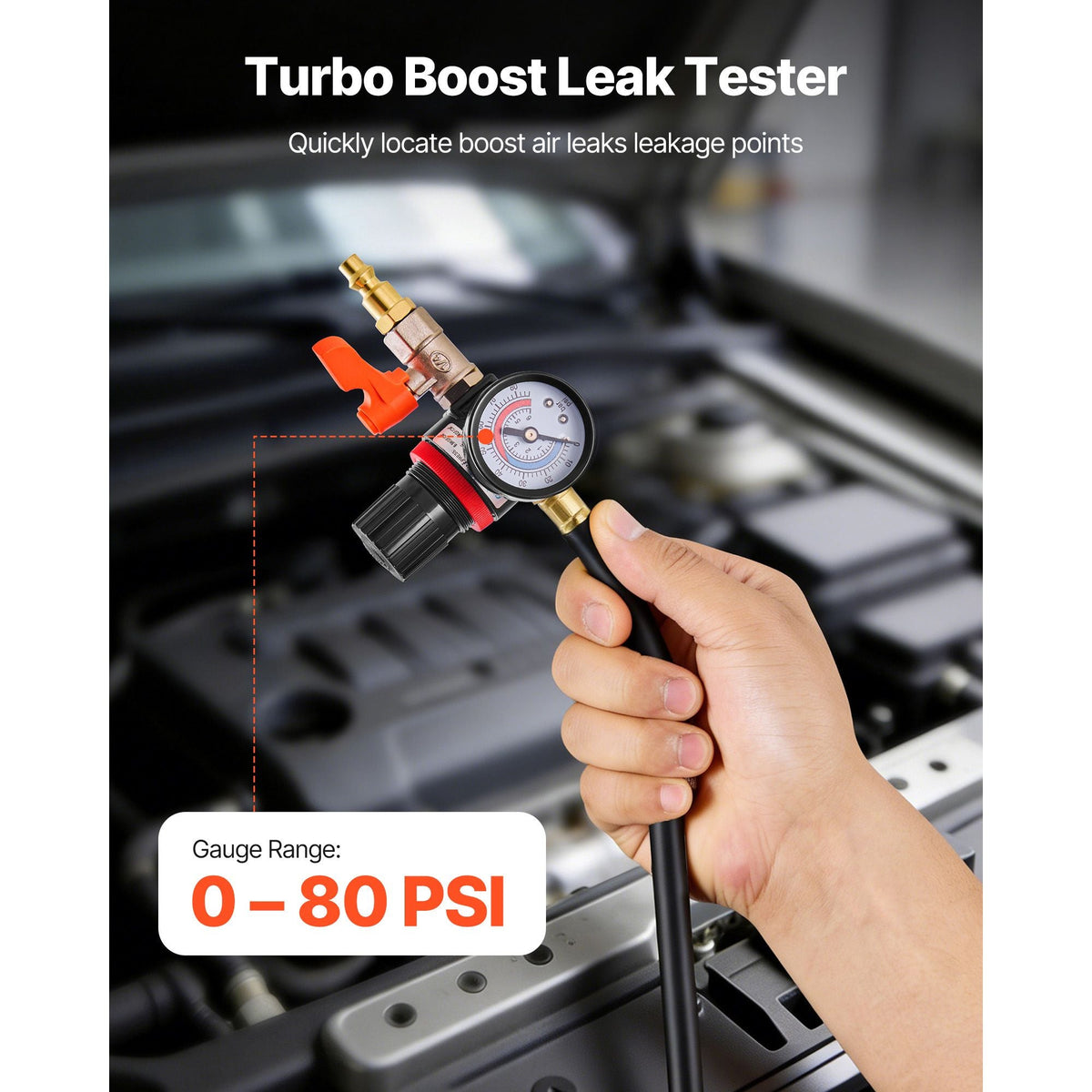 Turbo Boost Leak Tester Kit, 0-80 PSI Valve Gauge Range, Turbo System Leakage Tester Set with 4 Pairs of Stepped Adapters 1-3/8" to 3-1/2" & Air Fittings for Intercooler and Intake Piping Test