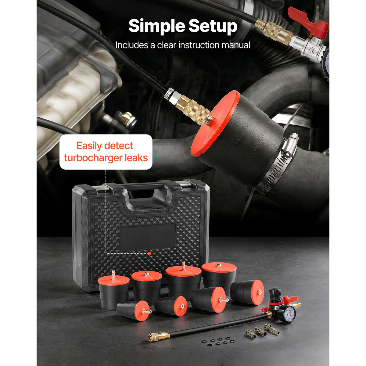 Turbo Boost Leak Tester Kit, 0-80 PSI Valve Gauge Range, Turbo System Leakage Tester Set with 4 Pairs of Stepped Adapters 1-3/8" to 3-1/2" & Air Fittings for Intercooler and Intake Piping Test