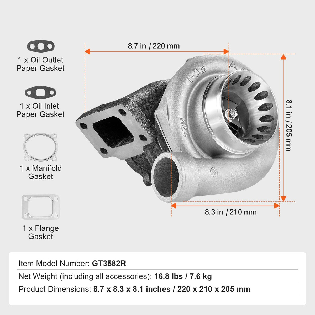Turbo Turbocharger with Gasket Kit, Turbo Charger Replacement for Car Engines, Compatible with 2.5L-6.0L Engine Displacements, Heat Resistance Engine Turbocharger with K418 Alloy Impeller