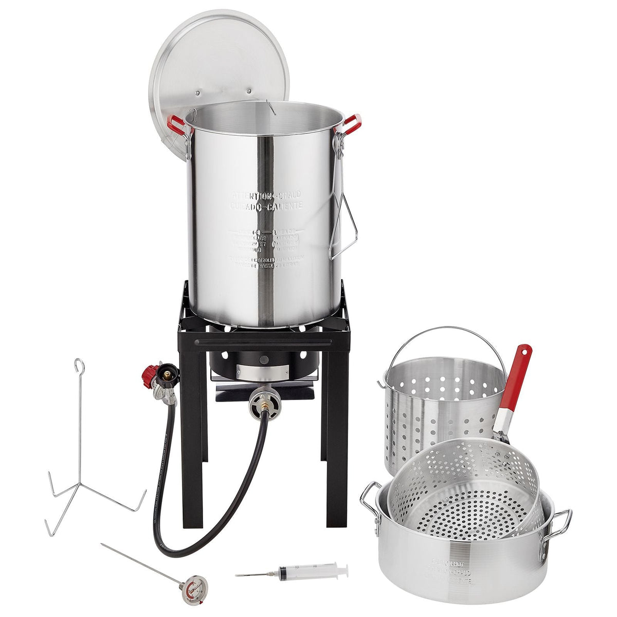 Turkey Deep Fryer, 30-qt Turkey & 10-qt Fish Steamer Cooker Set, Outdoor Aluminum Seafood Frying Pot, 54,000 BTU Burner Propane Gas Boiler, Includes Baskets, Perforated Poultry Rack, Thermometer